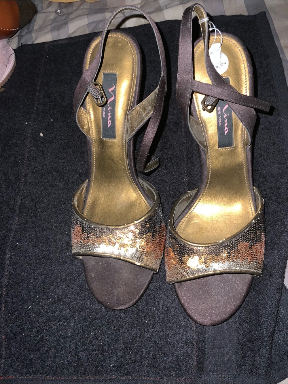 Nina Shoes Brown Suede Slingback Heels with Gold Sequin Toe Band
